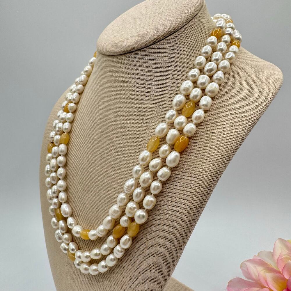 Flapper Length Cultured Pearl and Peach Gemstone Necklace Knotted Beachy Summery - Picture 4 of 16